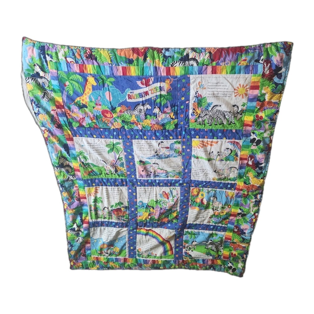 Vintage Cranston Rainbow Zebra Baby Quilt Sew & Go Wall Hanging 52x40
